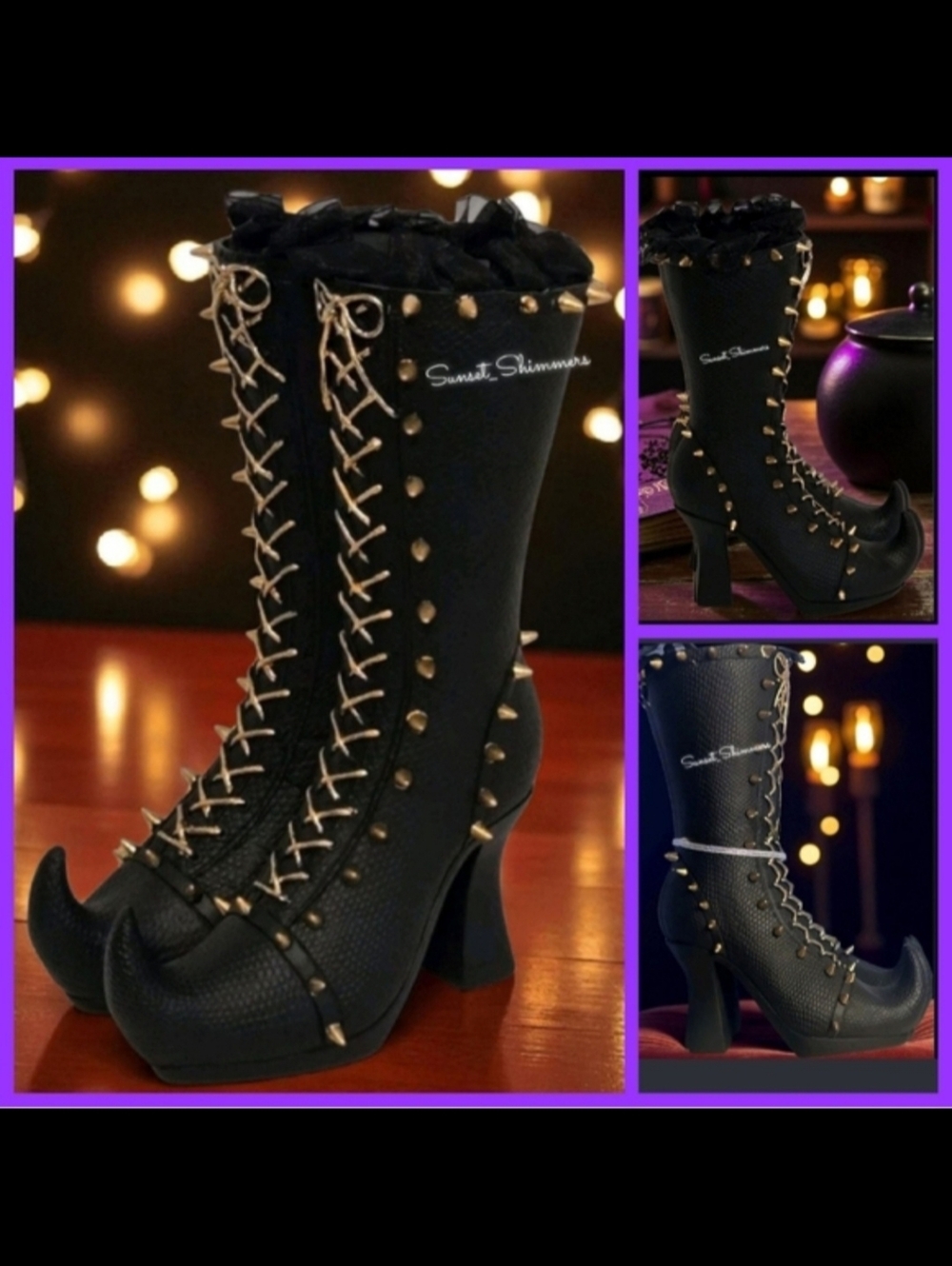 Bella Lux Halloween Witches Boots Black Gold Laces Bow Spikes Goth Witch Decor